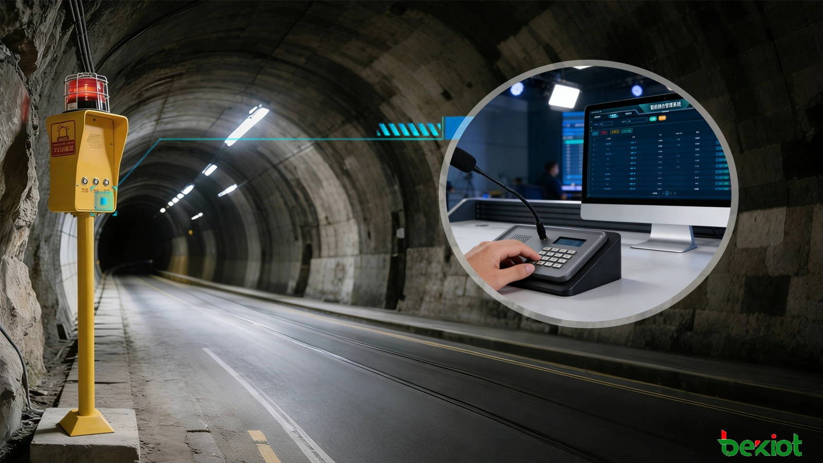 نقطة مساعدة طارئة SOS وطرف اتصال داخلي ثنائي الاتجاه مثبت في منطقة ملاذ للنفق مع ربط اتصال بمركز التحكم