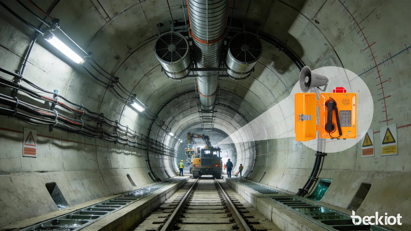 سيناريو بث إخلاء النفق مع مكبرات صوت مناطقة، وممرات طوارئ، وقيادة مركز التحكم، واستجابة إنذار مرتبطة