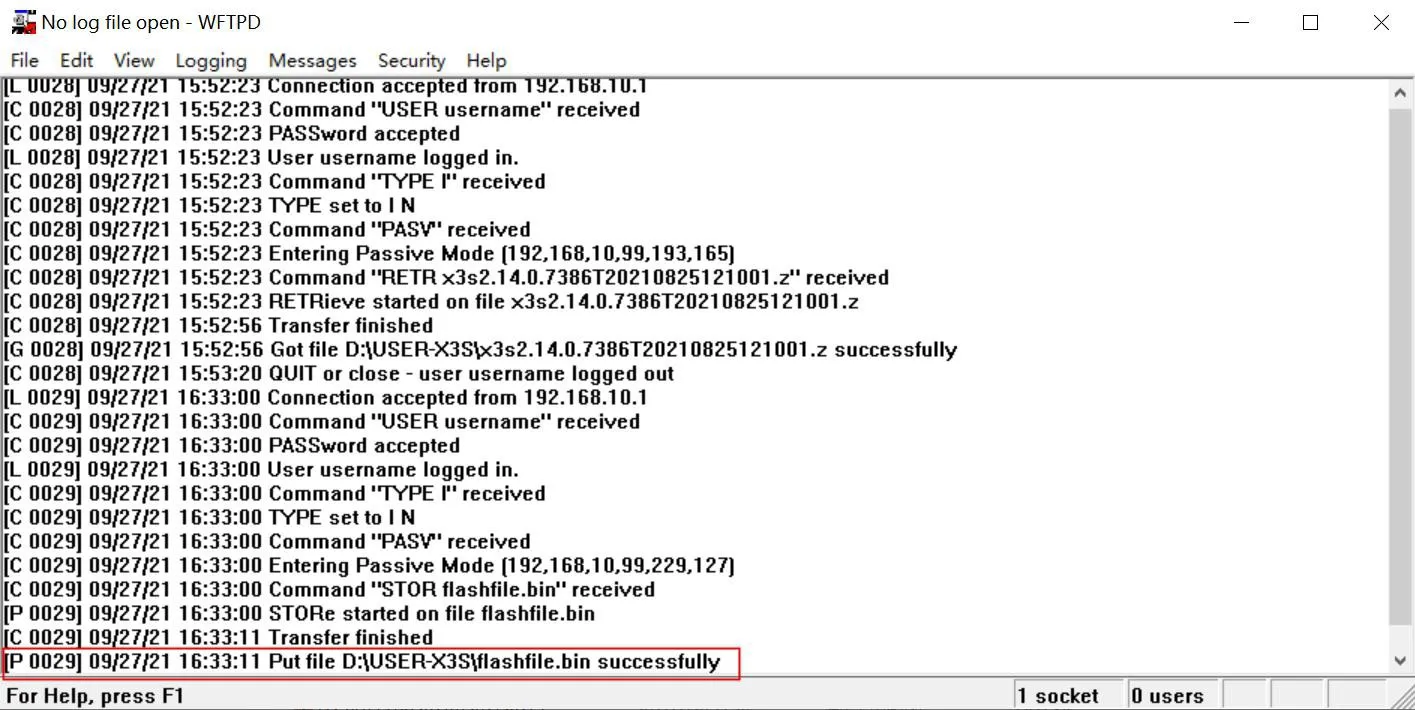 نافذة خادم FTP تعرض نشاط تصدير الفلاش