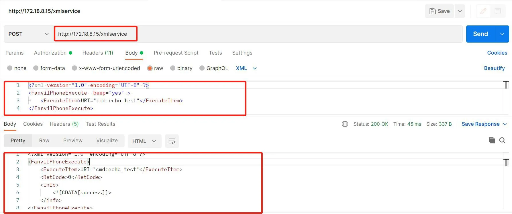 إرسال طلب POST إلى الجهاز لإجراء اختبار الصدى الذاتي