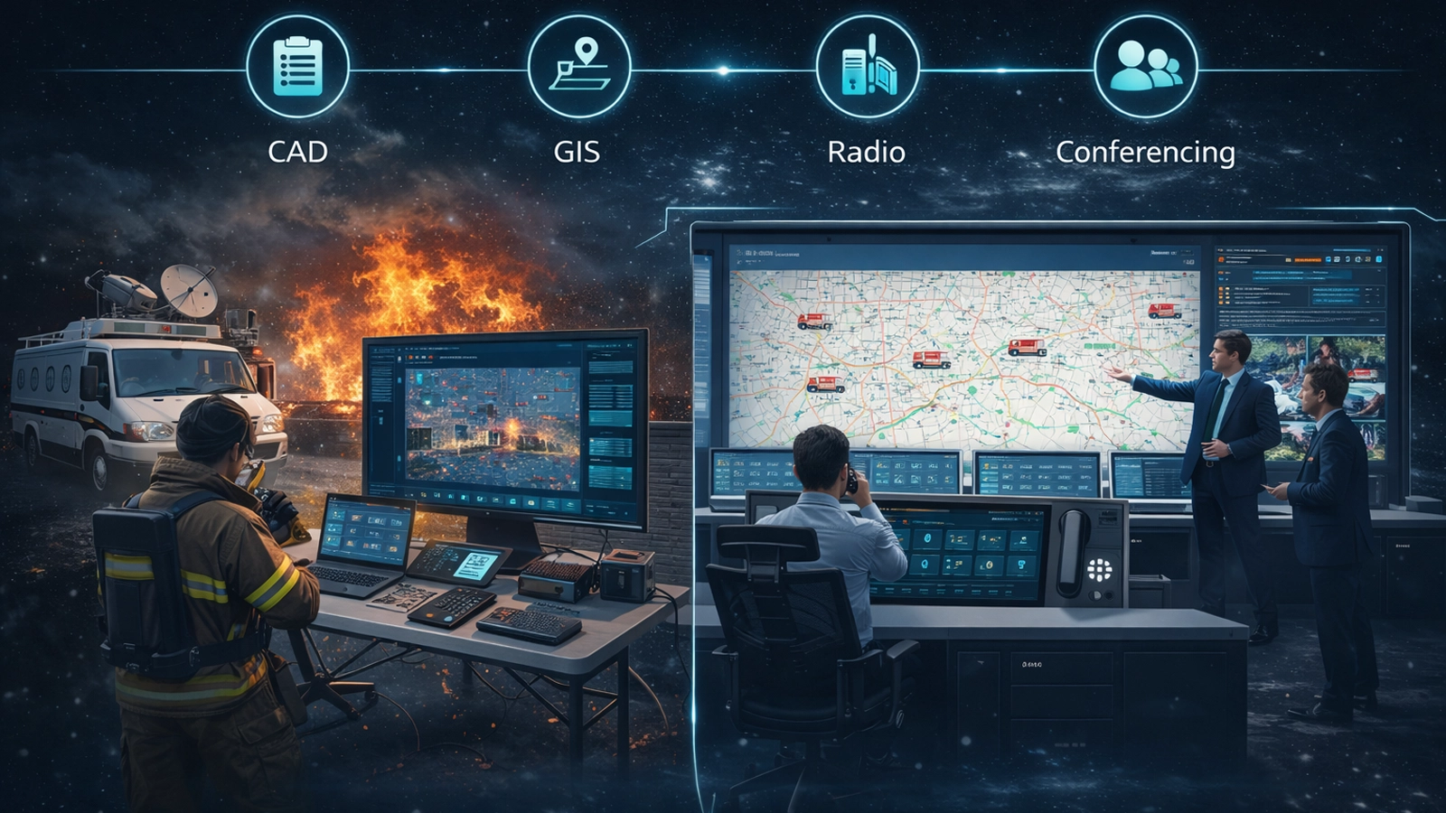 تنسيق مركز قيادة الحوادث ومركز عمليات الطوارئ للإطفاء والإنقاذ مع نظام الإرسال بمساعدة الحاسوب (CAD)، ونظم المعلومات الجغرافية (GIS)، والراديو، والمؤتمرات، والوعي الظرفي المشترك