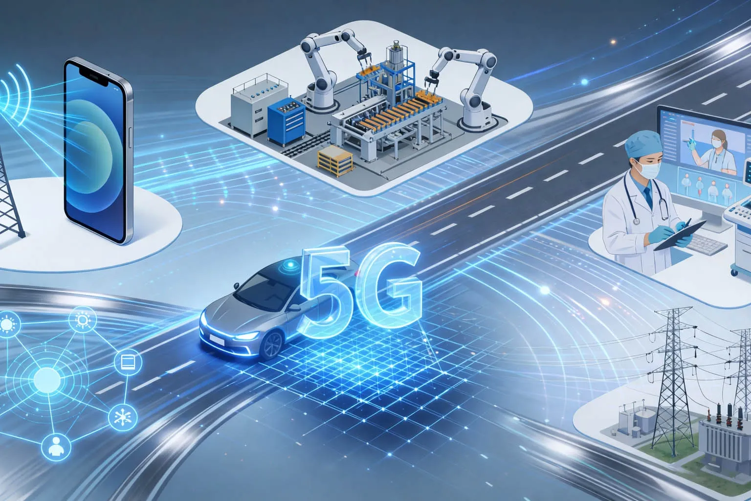 يتم تطبيق الجيل الخامس 5G عبر النطاق العريض المحمول والصناعة الذكية والنقل والرعاية الصحية والمرافق وبيئات الإنترنت الأشياء واسعة النطاق حيث تحتاج التغطية والتنقل والسعة وزمن التأخير المنخفض إلى العمل معًا.