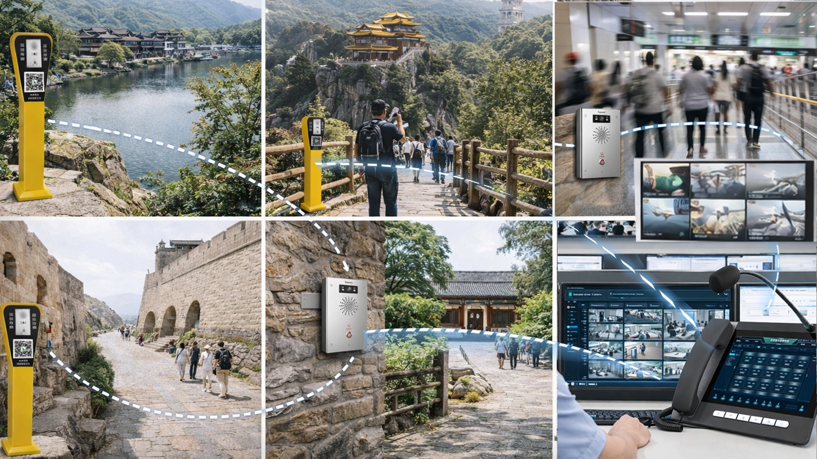 نشر نقاط المساعدة ومكبرات الصوت الطارئة عبر المداخل والممرات المناظرية ومحطات النقل والمناطق العامة للزوار