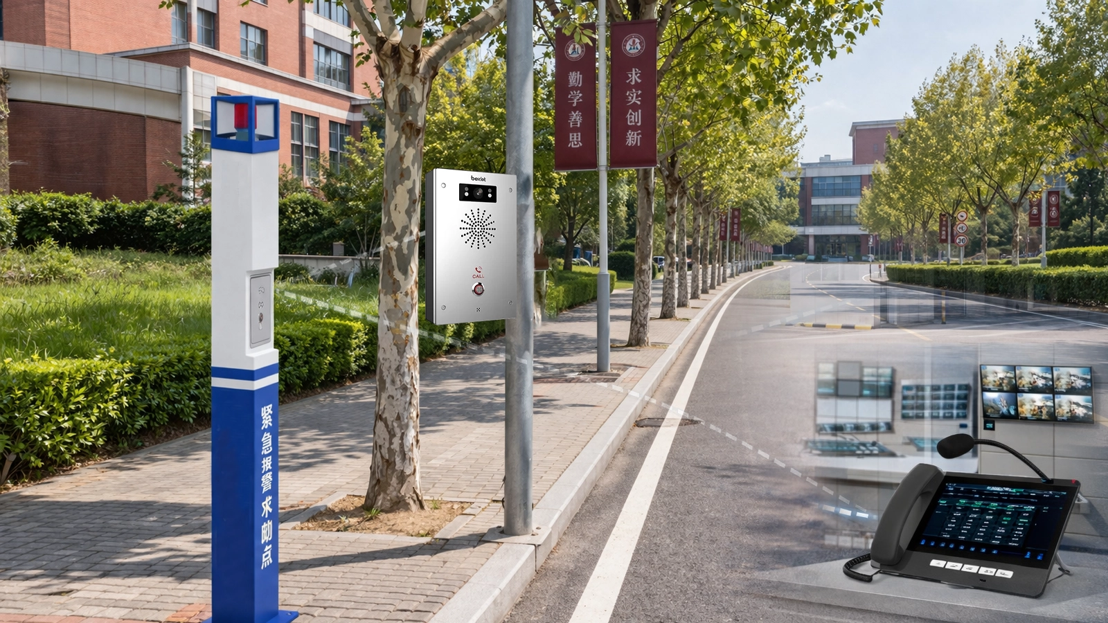 بنية زر الذعر المدرسي والاتصال في حالات الطوارئ تربط الفصول الدراسية والبوابات والمكاتب والاتصال الداخلي عبر SIP وهواتف IP والنداء الداخلي وكاميرات المراقبة والإدارة المركزية