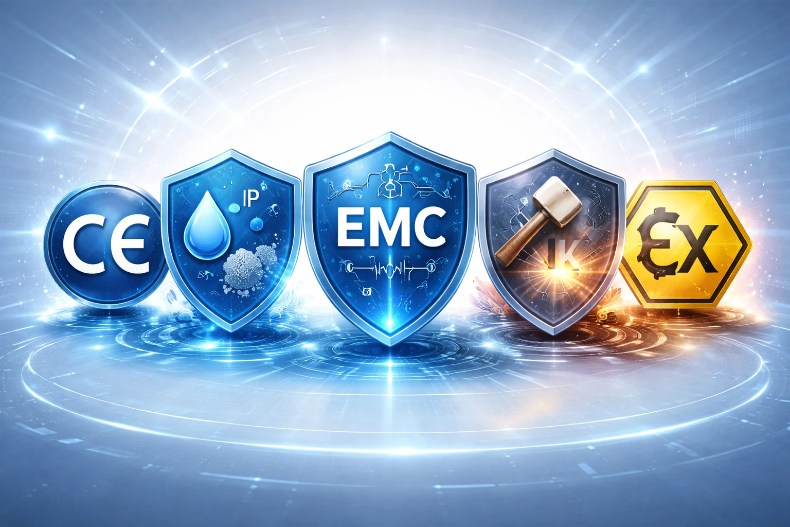 مثال على ملصق جهاز صناعي يظهر علامة CE جنبًا إلى جنب مع درجة الحماية IP والامتثال EMC وعلامات ATEX أو الدرجات الخاصة بالتطبيق