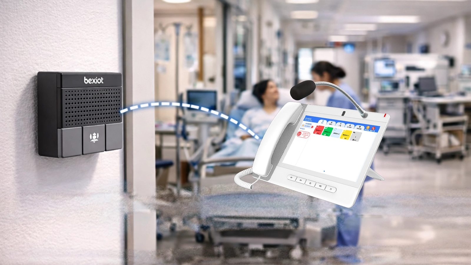 وحدة تحكم محطة الممرضات وشاشة إدارة الإنذارات الطارئة المركزية تعرض مكالمات مستوى الغرفة والإنذارات ذات الأولوية وسير عمل استجابة الرعاية الصحية