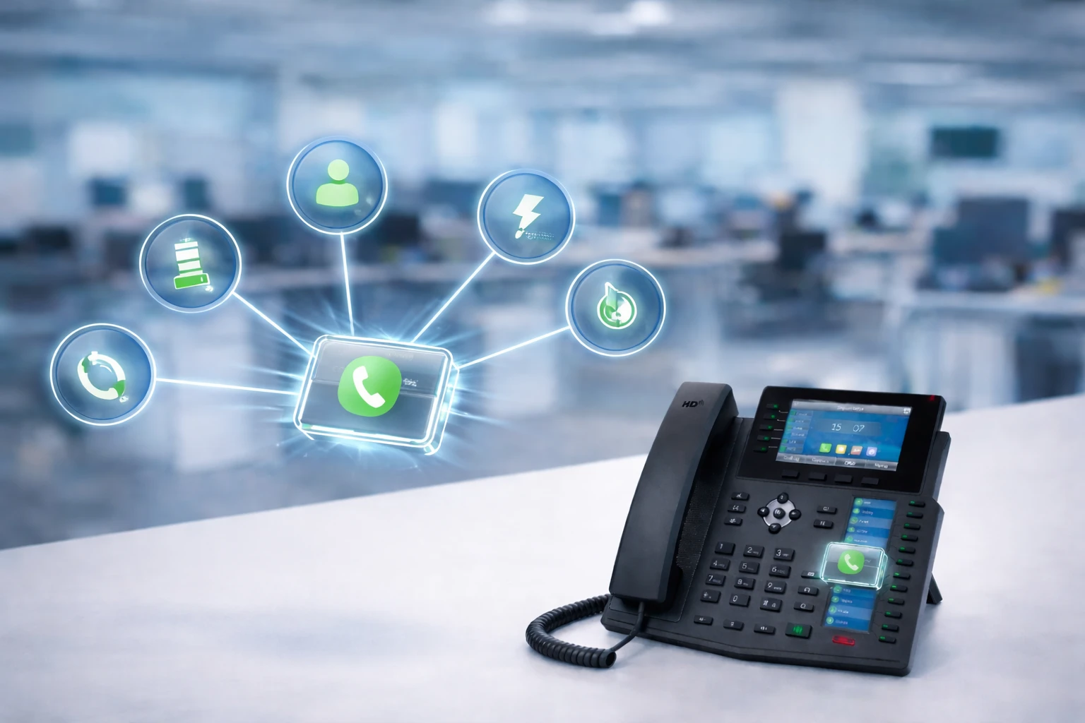 مخطط يوضح وظائف مفتاح DSS مثل اختيار المحطة المباشر، ومراقبة خط BLF، والاتصال السريع، والاتصال الداخلي، ونقل المكالمات، واجتياح المكالمات على هاتف IP مؤسسي