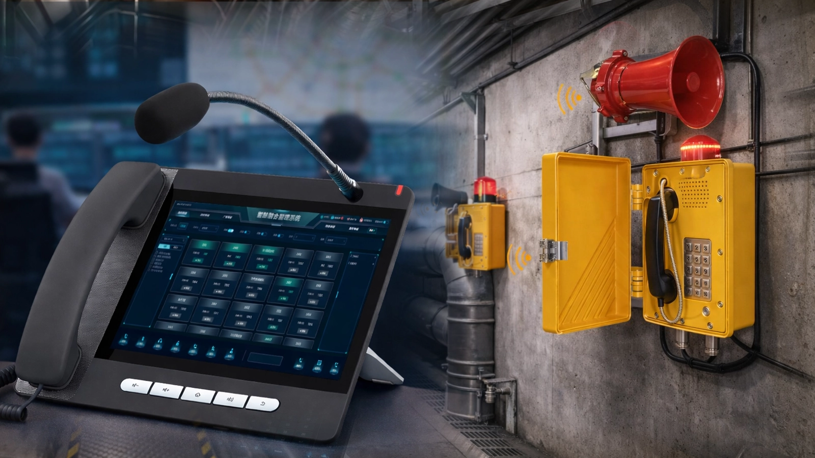 نظرة عامة على نظام PAGA في نفق خدمي تحت الأرض تظهر نداء غرفة التحكم، ومكبرات الصوت في الممرات، ونقاط الاتصال الداخلي للطوارئ، وتغطية الإنذار عبر غرف الكابلات وخطوط الأنابيب