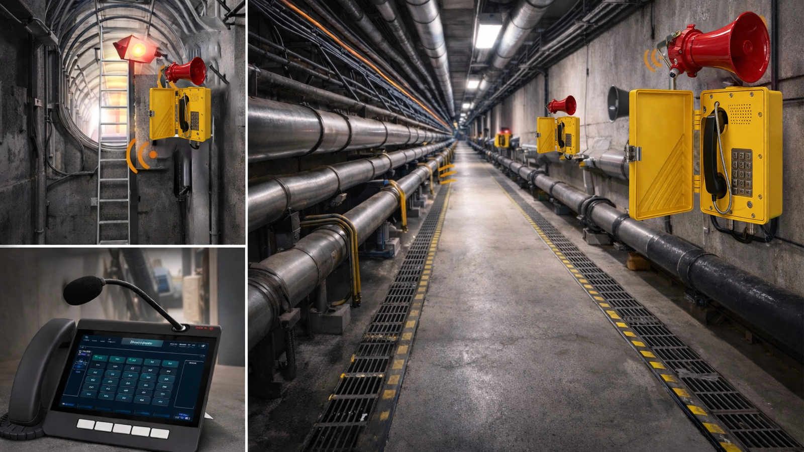 الاتصال الداخلي للطوارئ والبث المناطقي في نفق خدمي تحت الأرض مع اتصال عمود الوصول، ومكبرات صوت الممرات، وتنسيق غرفة التحكم