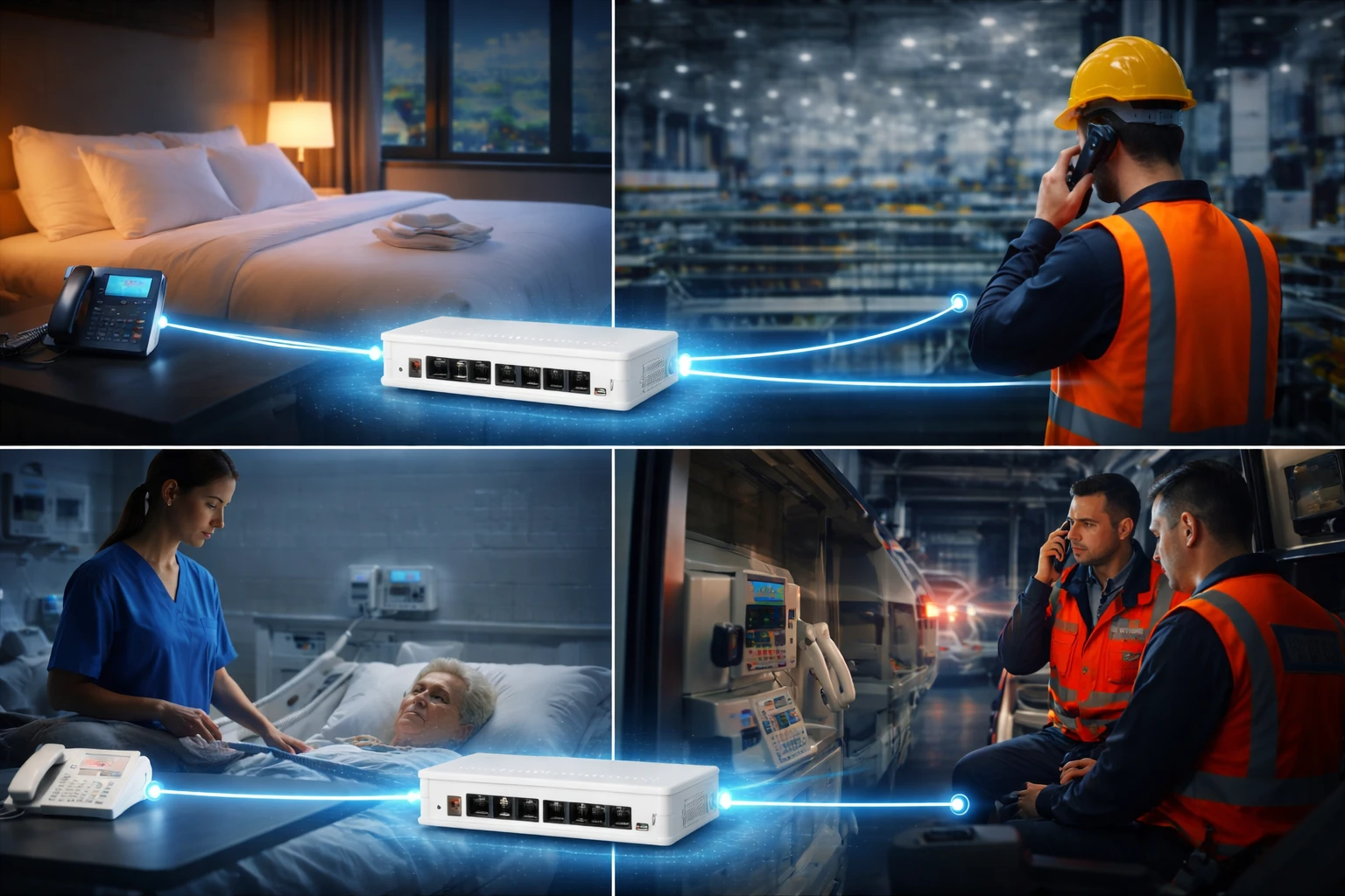 هاتف طوارئ تناظري وجهاز فاكس وهاتف غرفة فندق وجهاز هاتف صناعي متصلون عبر بوابة FXS بمنصة اتصالات SIP