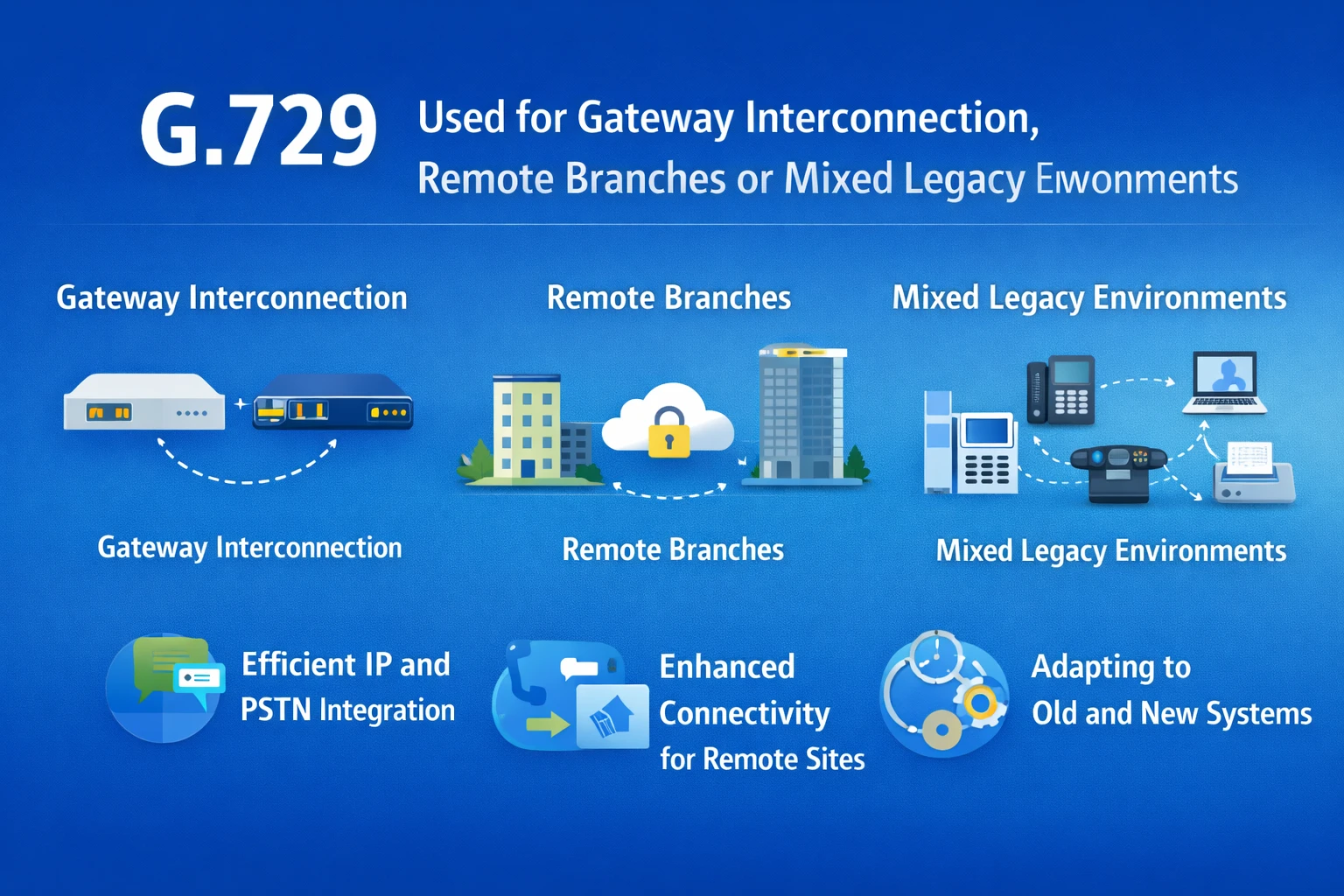 G.729 codec used in SIP gateways, IP PBX systems, session border controllers, and remote office voice applications across enterprise communication networks
