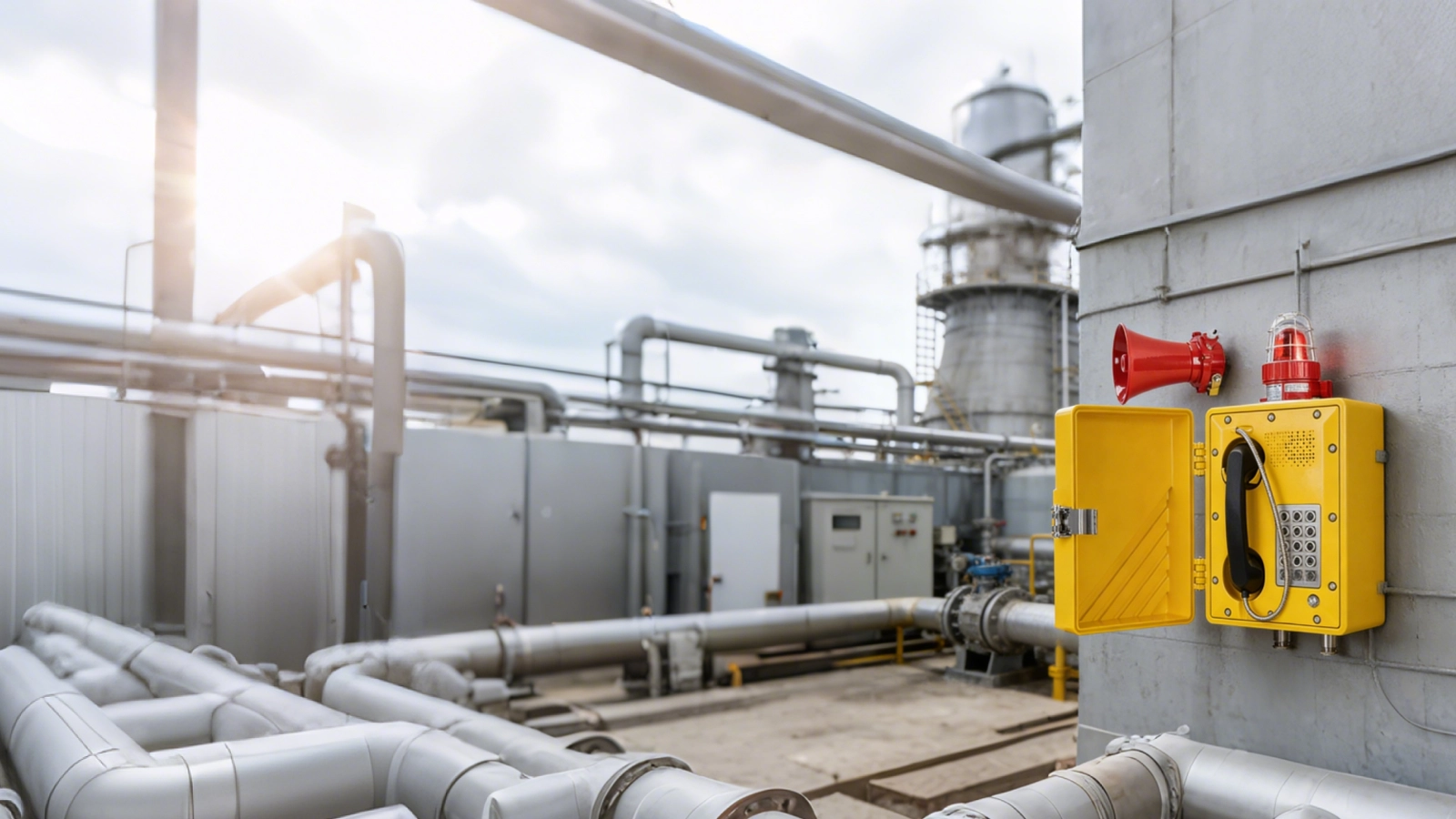 نظرة عامة على نظام PAGA في محطة طاقة نووية تظهر غرفة التحكم المركزية، ومكبرات صوت مبنى التوربينات، وتغطية نداء المنطقة المساعدة، والاتصال بالإنذار العام على مستوى المحطة