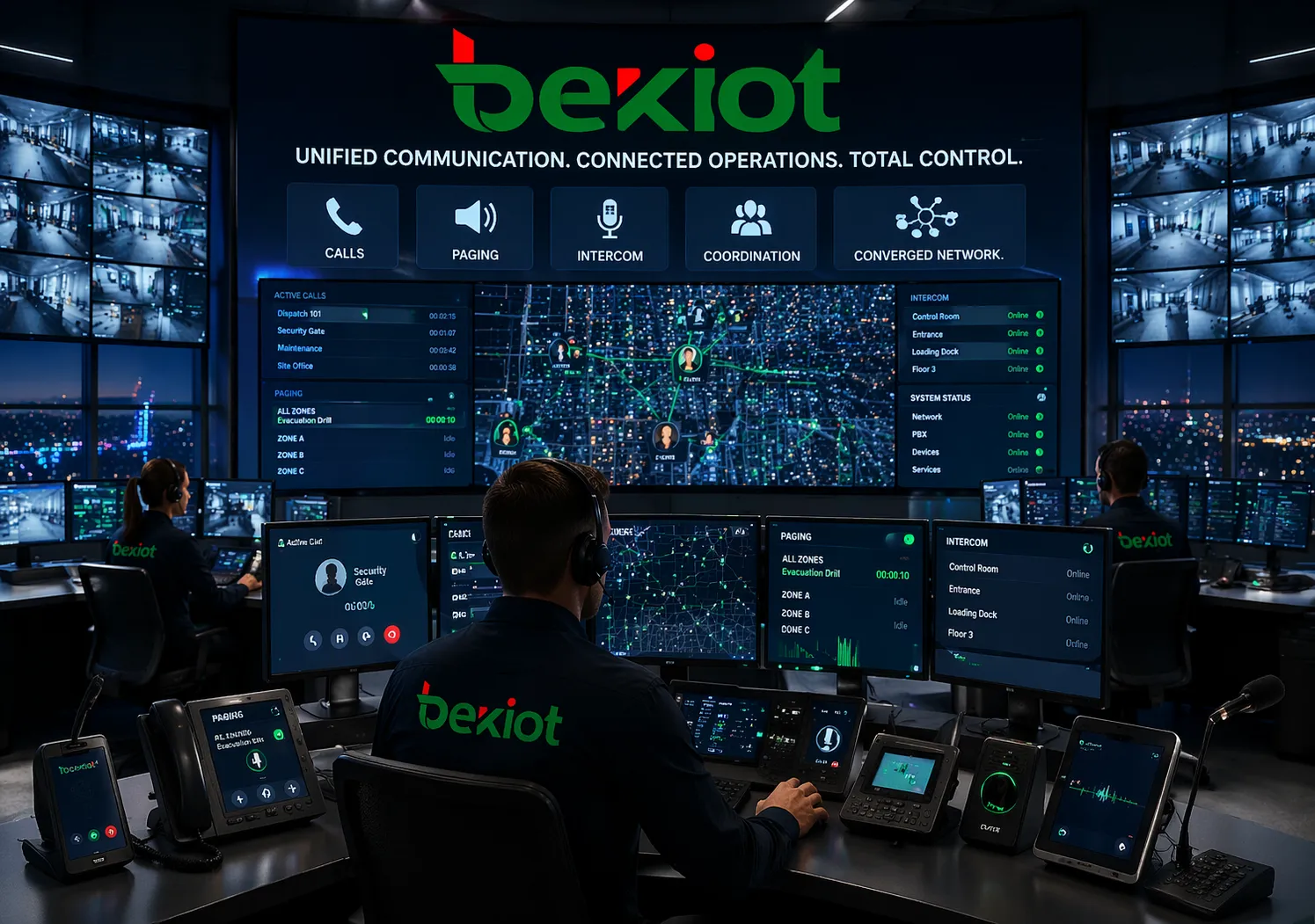 غرفة تحكم اتصالات موحدة تستخدم شبكة متقارنة للمكالمات والإعلان والاتصال الداخلي والتنسيق التشغيلي