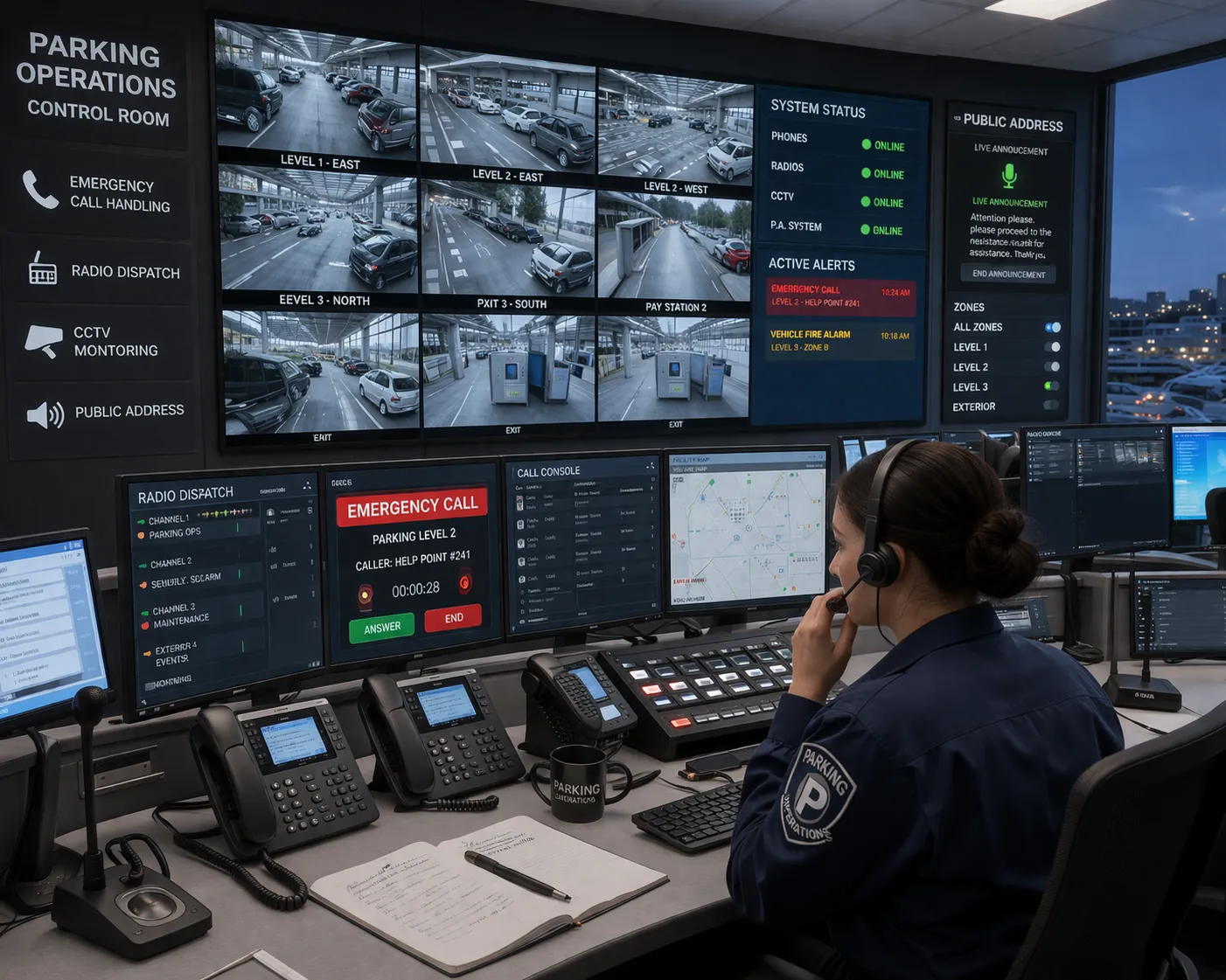 غرفة تحكم موقف سيارات مع معالجة المكالمات الطارئة وهواتف IP PBX وتوجيه راديو ومراقبة بالفيديو المغلقة وتكامل الإعلان العام