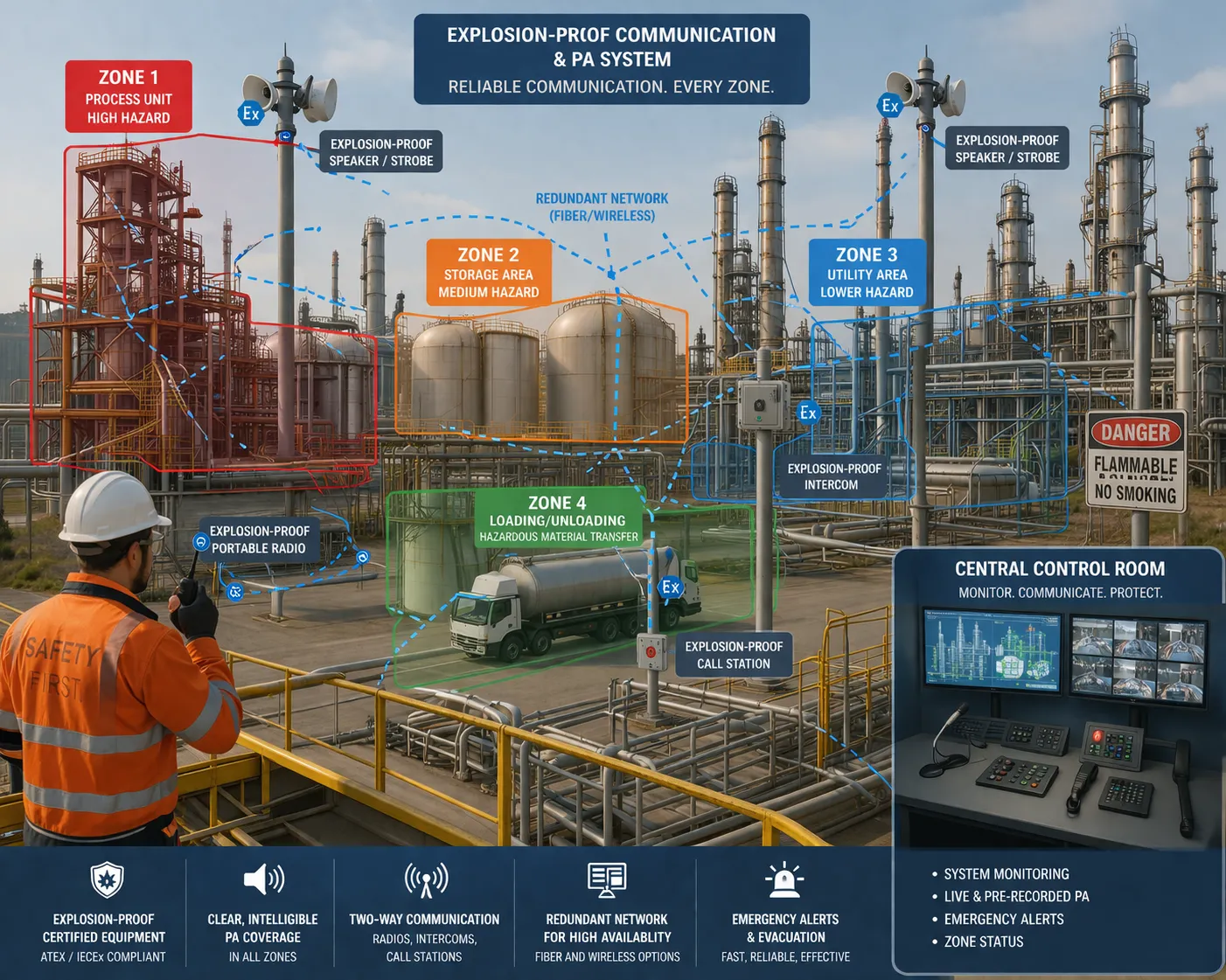 منطقة صناعية خطرة مع تغطية اتصالات مضادة للانفجار وإعلان عام عبر مناطق متعددة