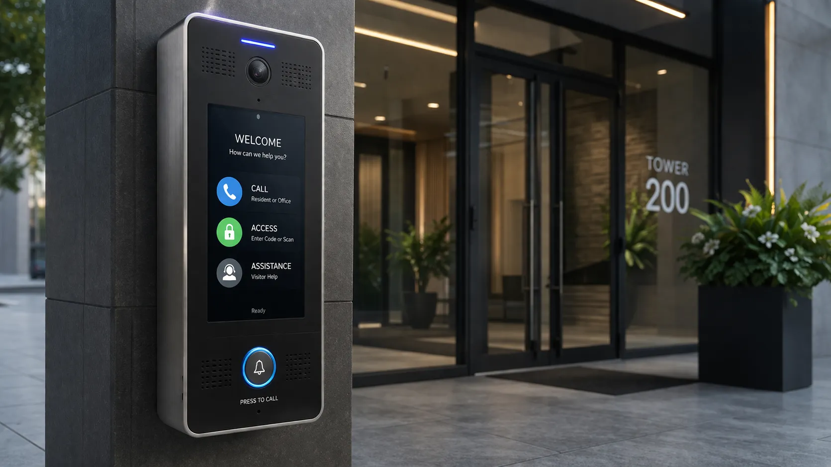 صندوق مكالمات حديث مثبت عند مدخل مبنى يجمع بين وظائف الاتصال الصوتي والتحكم في الوصول ومساعدة الزوار
