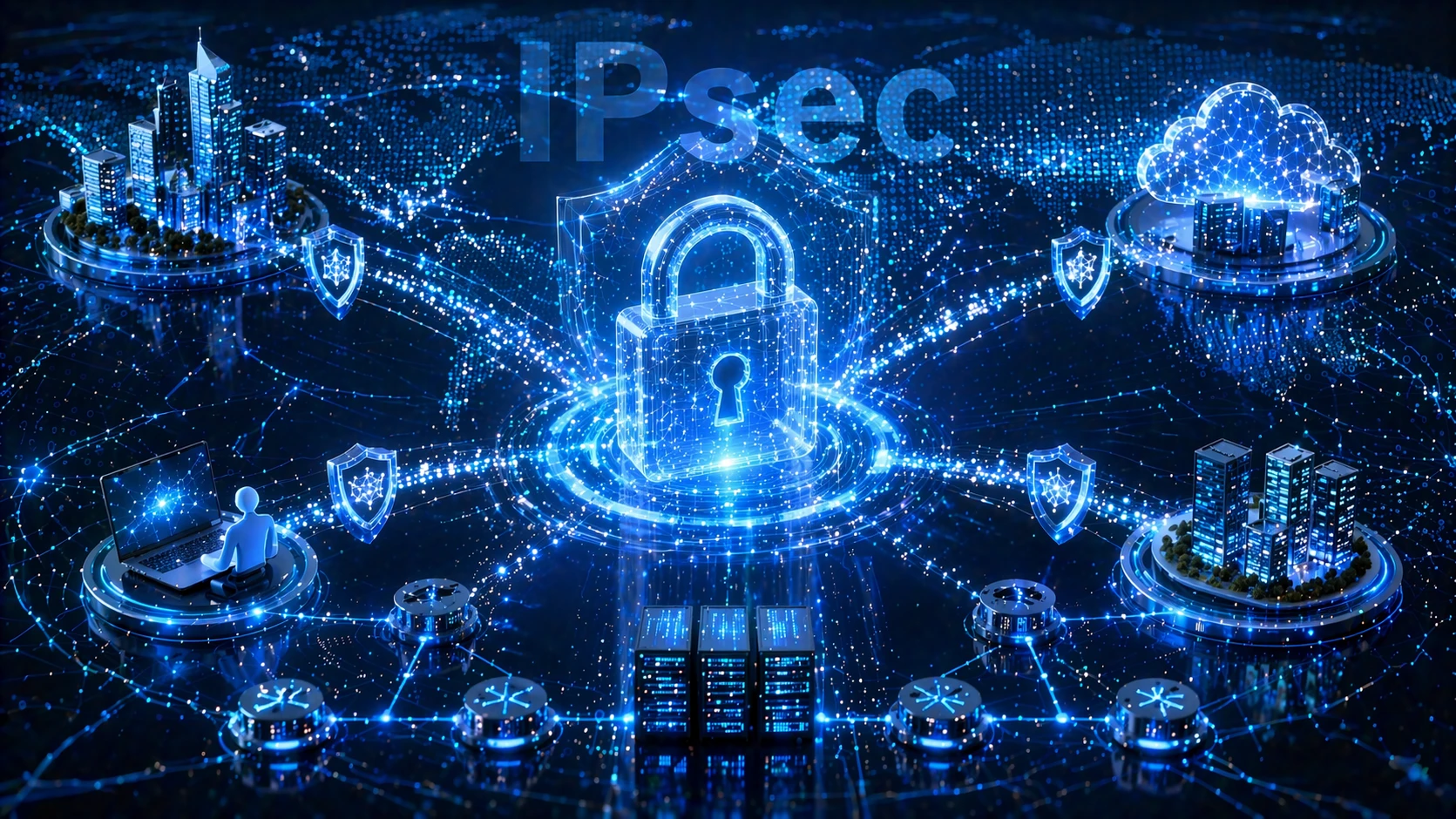 تطبيقات IPsec النموذجية بما في ذلك VPN من الموقع إلى الموقع، والوصول للمستخدم عن بعد، وربط مراكز البيانات، والاتصال السحابي، والروابط الشبكية الصناعية الآمنة
