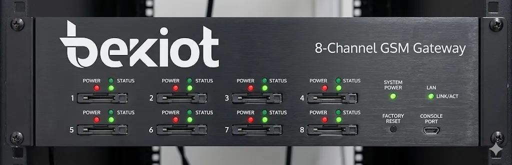 الواجهة الأمامية لبوابة بيكي تيلكوم ذات 8 قنوات GSM تُظهر فتحات بطاقات SIM ومؤشرات حالة LED