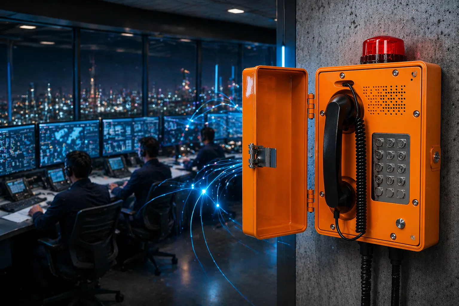 هاتف صناعي متصل عبر شبكة IP أو تناظرية بغرفة تحكم ومنصة إرسال