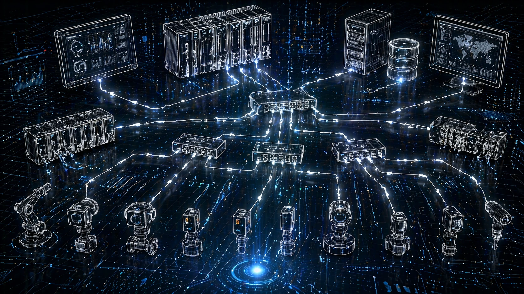 رسم بياني يوضح عميل مودبوس تي سي بي يقرأ الملفات والمدخلات المنفصلة وسجلات الإدخال وسجلات الاحتفاظ من أجهزة صناعية متعددة