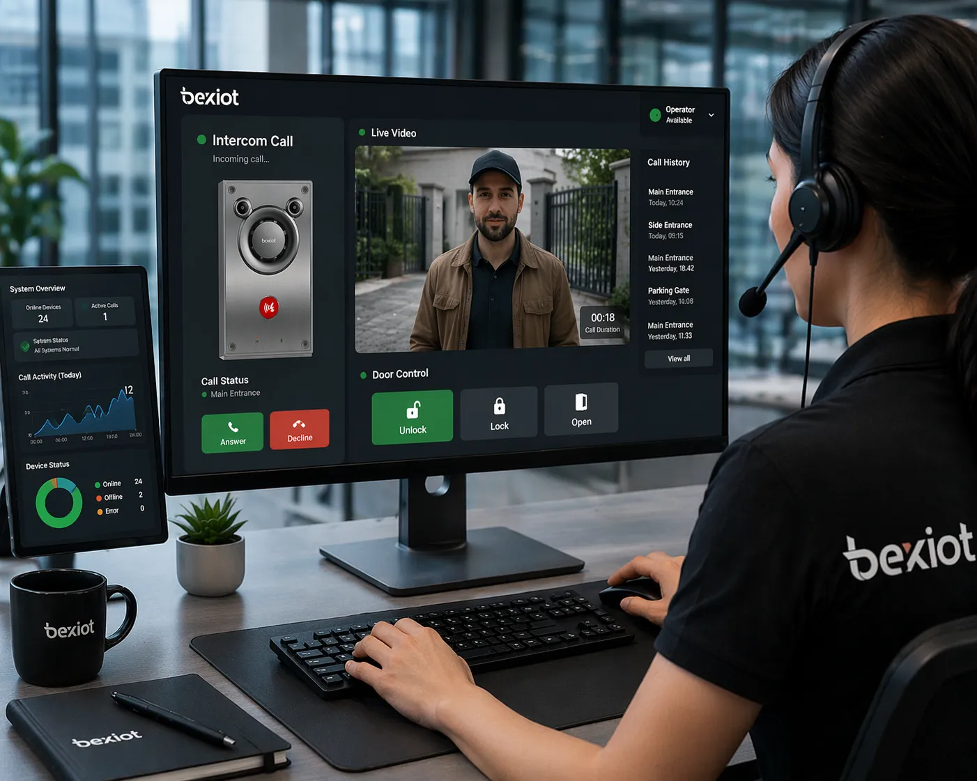 مشغل يتلقى مكالمة اتصال داخلي SIP مع فيديو مباشر ويتحكم عن بُعد في الوصول إلى الباب من عميل سطح المكتب