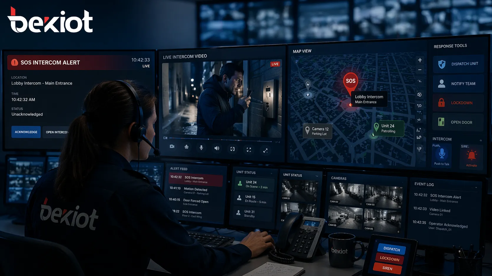 مشغل غرفة تحكم يتلقى حدث اتصال داخلي SOS مع نافذة فيديو مرتبطة وعرض خريطة وأدوات استجابة للطوارئ