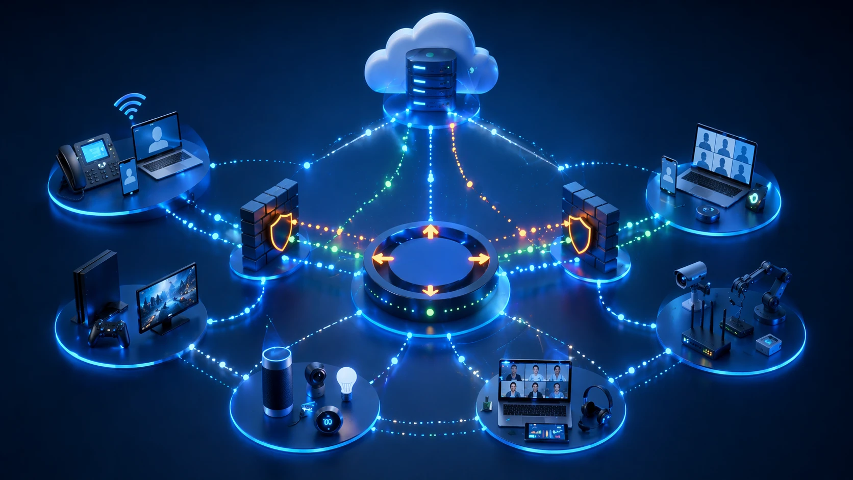 رسم توضيحي يظهر استخدام اجتياز NAT في VoIP واجتماعات WebRTC والألعاب عبر الإنترنت واتصالات الأجهزة الطرفية البعيدة