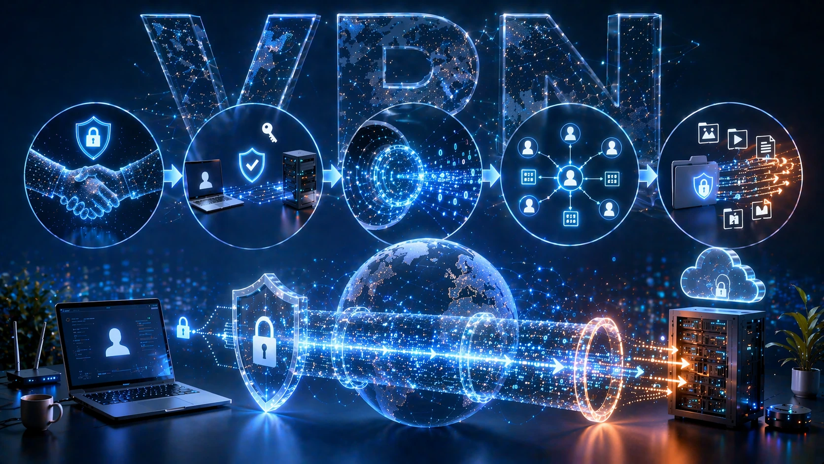 رسم توضيحي لمراحل اتصال OpenVPN بما في ذلك مصافحة TLS والمصادقة وإنشاء النفق وتعيين الواجهة الافتراضية وتوجيه الحركة المرور عبر VPN