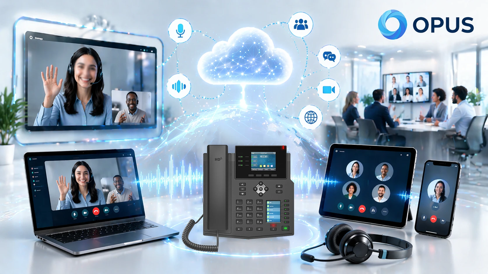 مشهد مقارنة يوضح اتصالًا صوتيًا أوضح وجودة صوت مؤتمر أكثر ثراءً عند استخدام Opus في بيئة تعاون IP حديثة