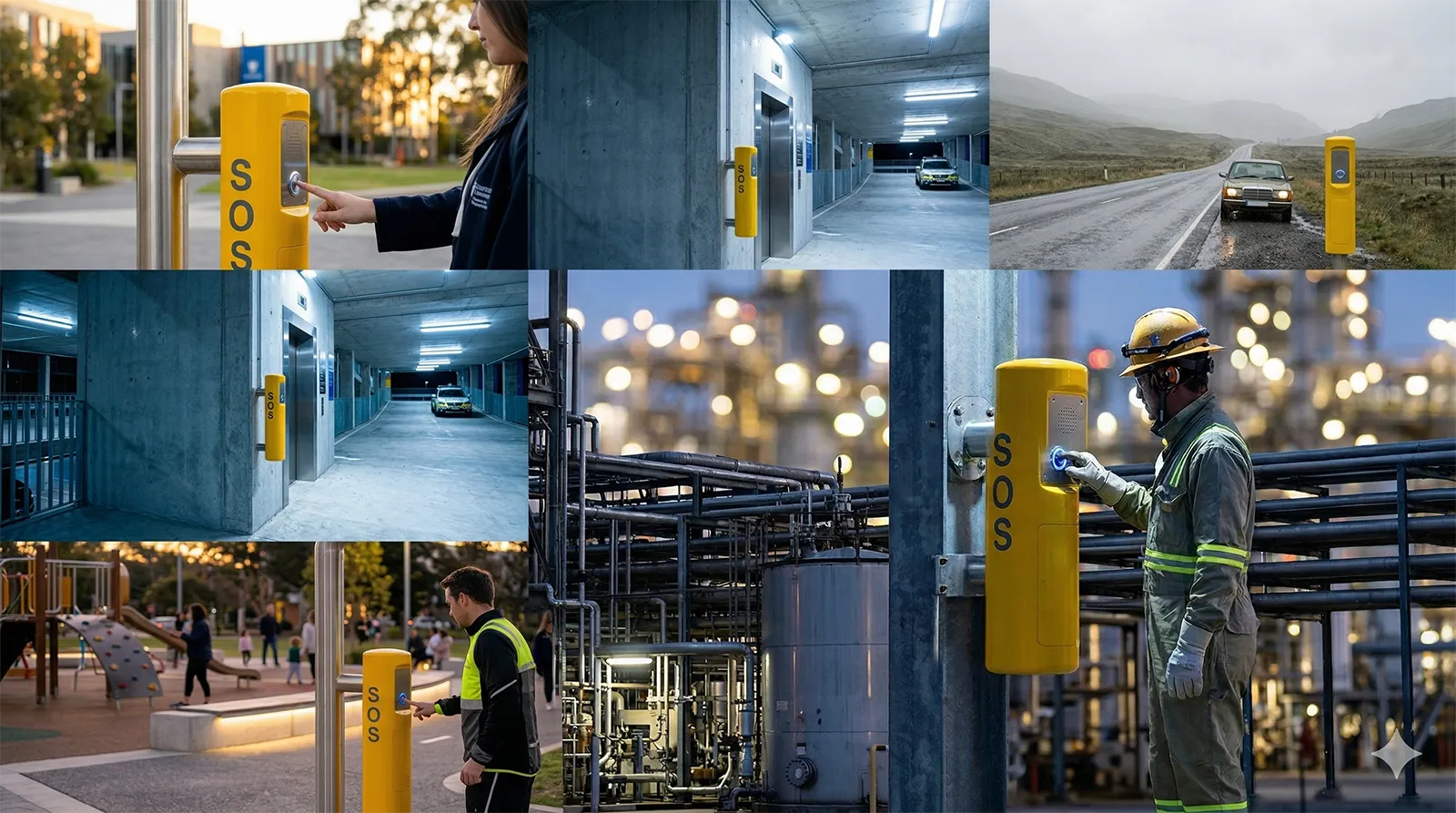 تطبيقات جهاز اتصال داخلي SOS في بيئات الحرمات الجامعية ومناطق وقوف السيارات ونقاط المساعدة على جانب الطريق والمساحات العامة والمنشآت الصناعية