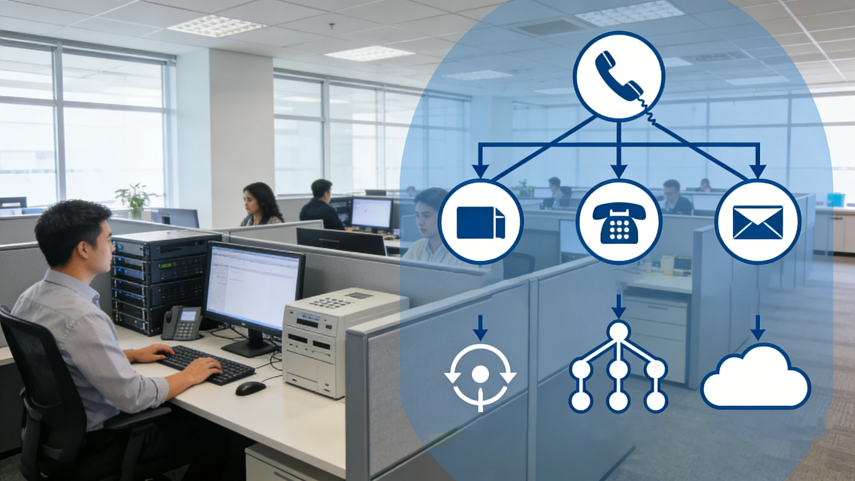 نظام PBX التجاري يوجه المكالمات الواردة والصادرة عبر جذع SIP وبوابة PSTN وموظف آلي للهاتف وملحقات الأقسام