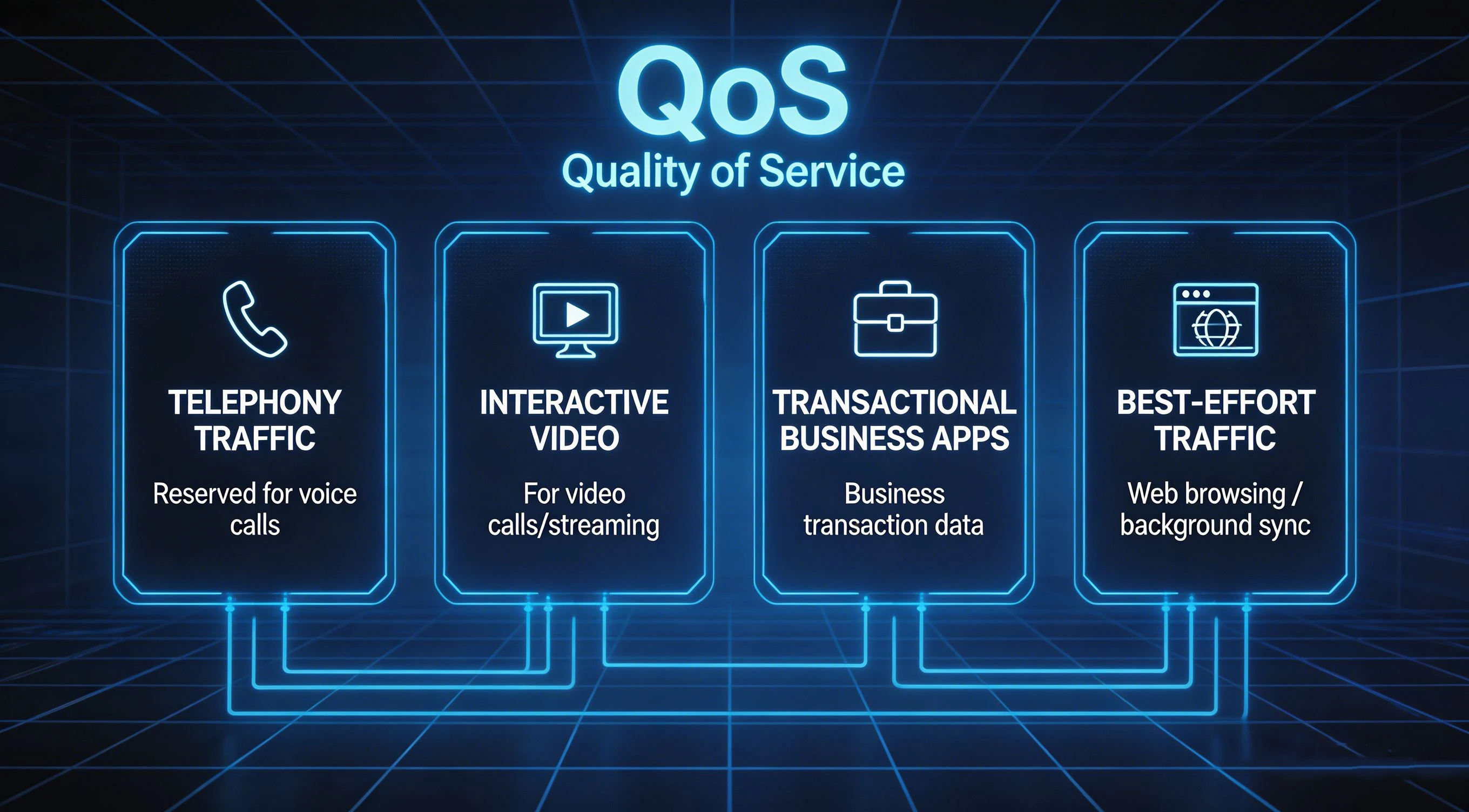 مخطط شبكي يوضح حركة المرور ذات الأولوية للصوت والفيديو والاتصال الداخلي والتحكم الصناعي مقارنة بالبيانات الخلفية ذات الجهد الأقصى