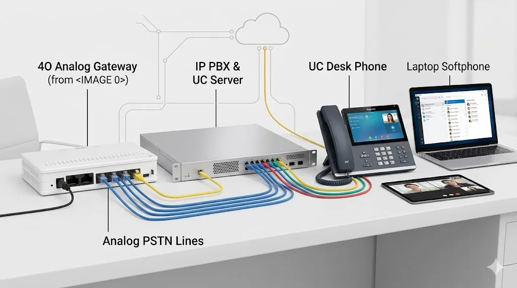 بوابة تناظرية 4O متصلة بـ IP PBX ومنصة الاتصالات الموحدة