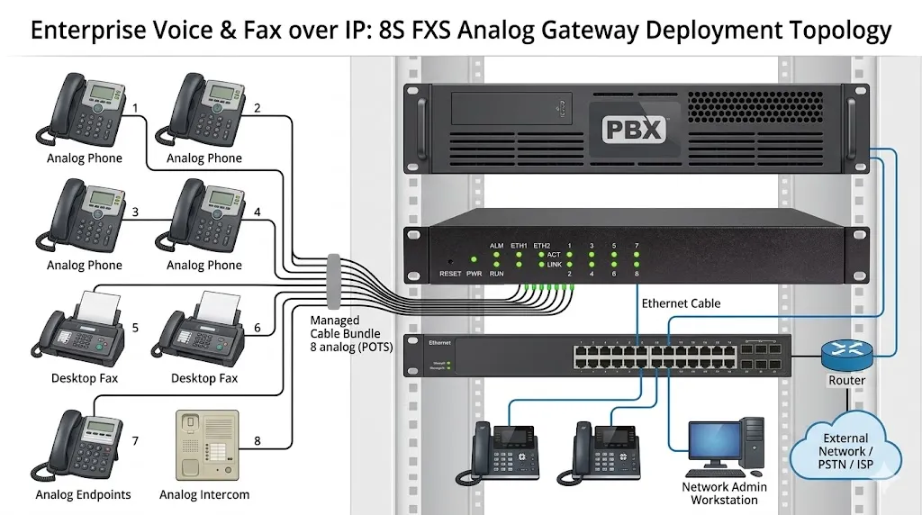 بوابة تناظرية 8S منشورة مع هواتف تناظرية وأجهزة فاكس ونظام IP PBX