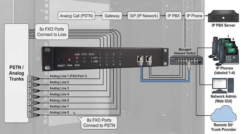 واجهة أمامية لبوابة FXO IPGA-80 لتكامل السكك التناظرية وشبكة SIP