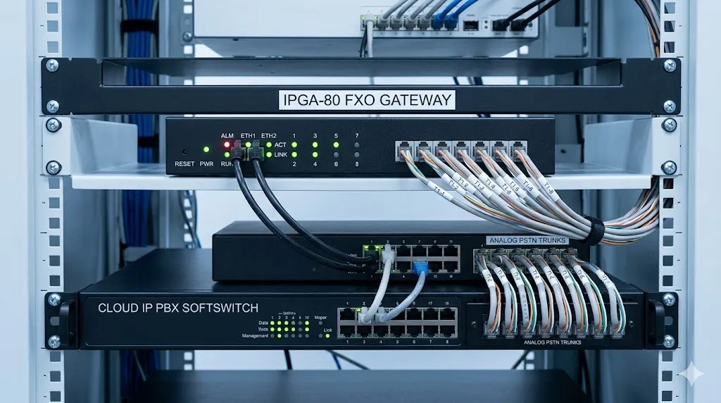 بوابة FXO IPGA-80 متصلة بـ IP PBX والمفتاح الناعم وخطوط السكك التناظرية