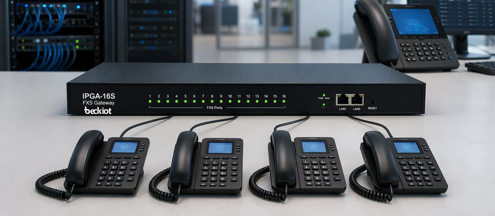 بوابة FXS IPGA-16S متصلة بالهواتف التناظرية ومنصة IP PBX