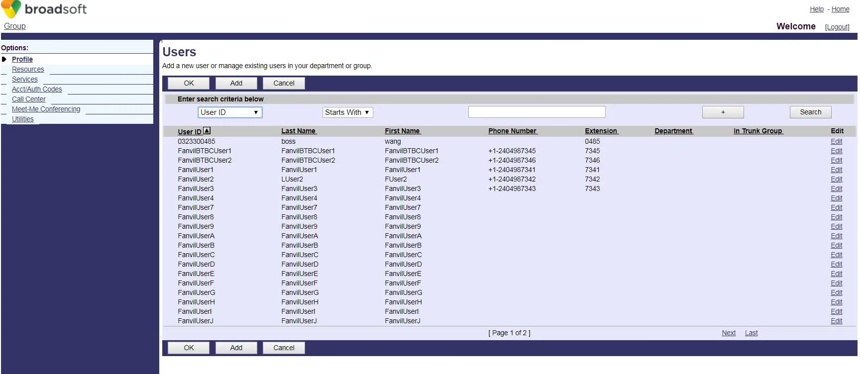 قائمة مستخدمي BroadWorks