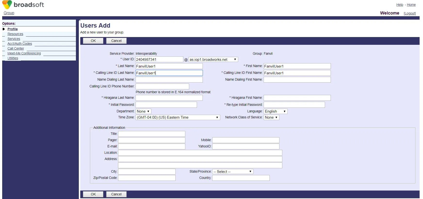 إضافة حساب BroadWorks جديد