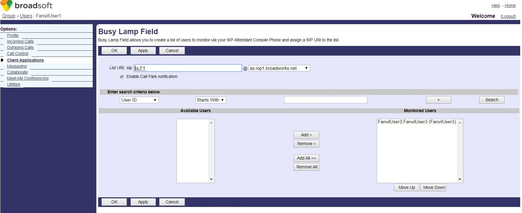 صفحة إعداد قائمة BLF