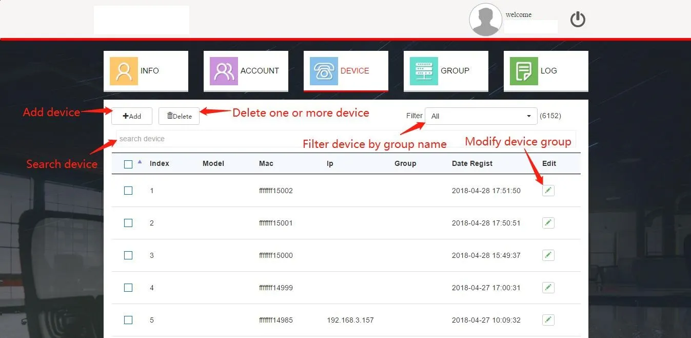 واجهة قائمة الأجهزة