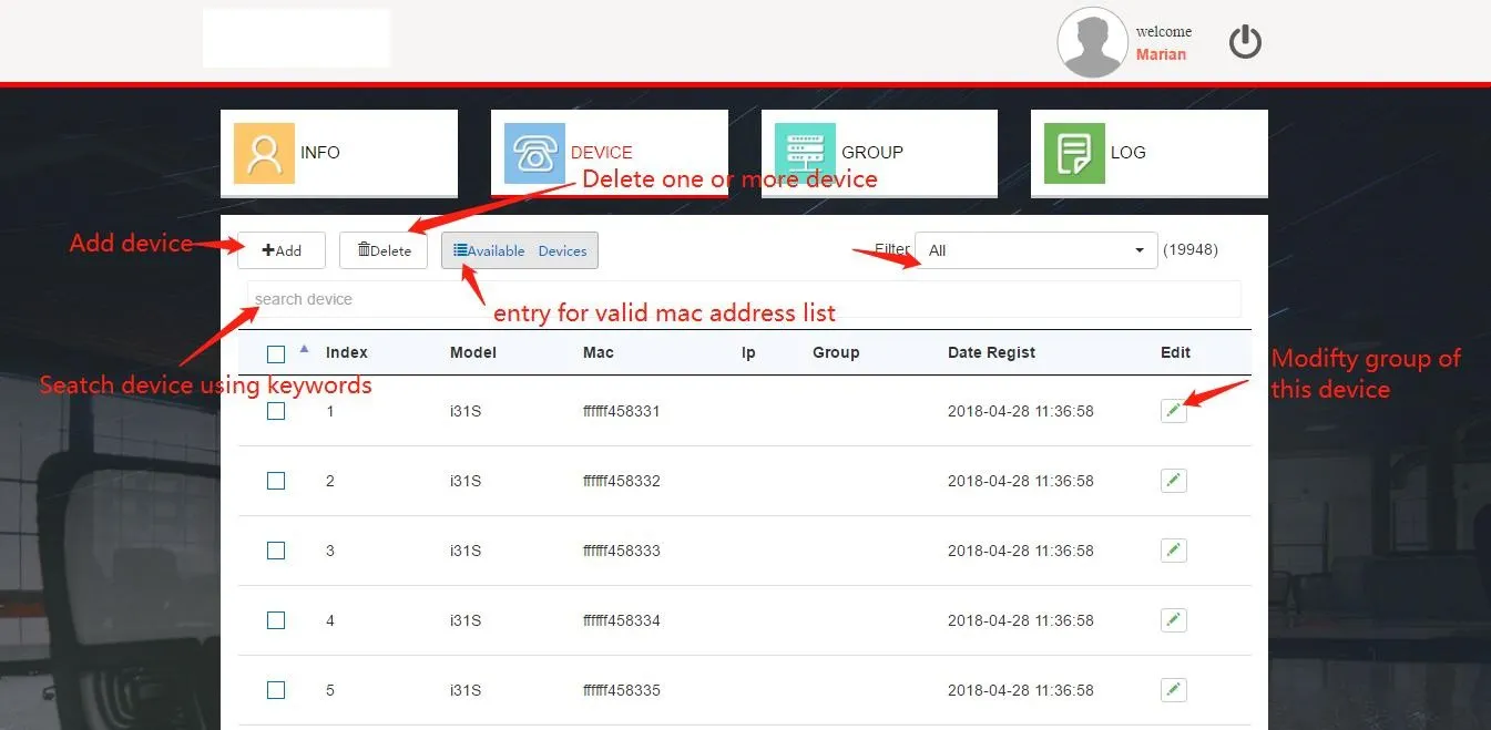 واجهة قائمة أجهزة العميل