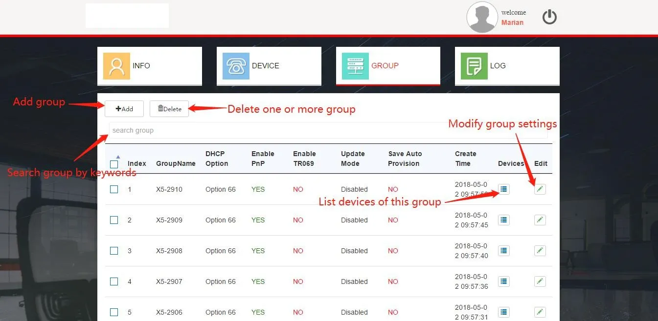 واجهة إدارة مجموعات العميل