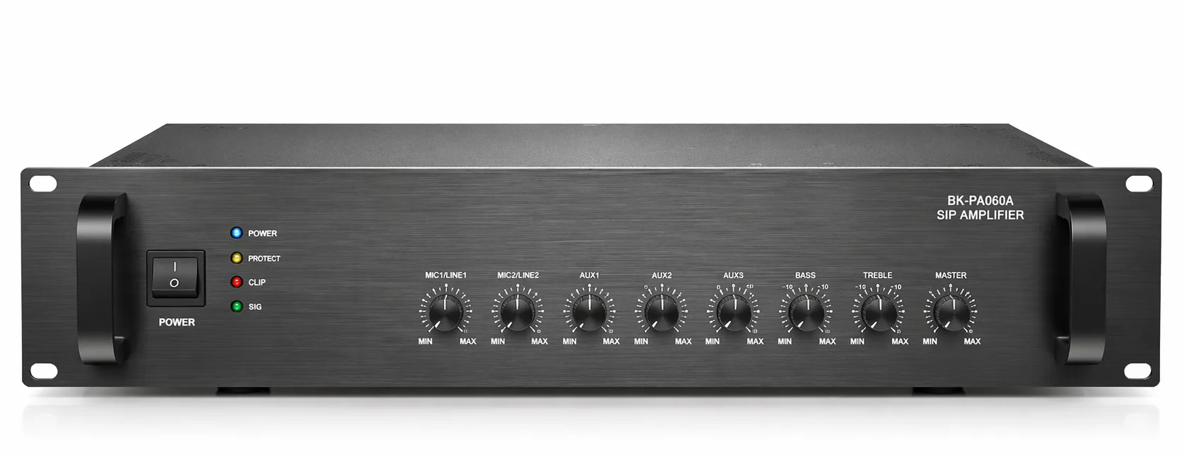 الواجهة الأمامية لمضخم SIP BK-PA60A في تركيب على رف قياسي 19 بوصة