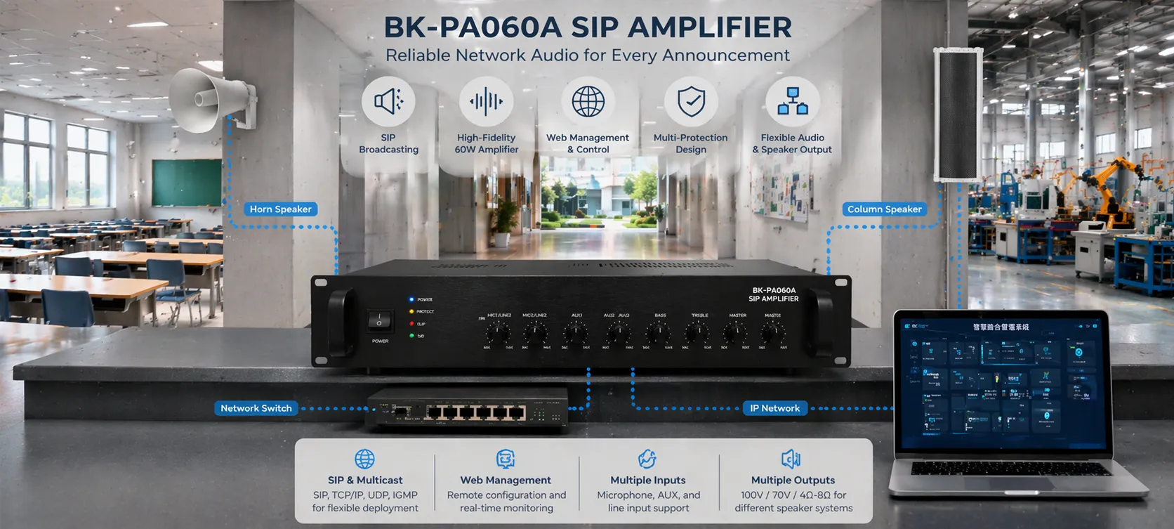 نشر مضخم SIP BK-PA60A في نظام إعلان عام في حرم جامعي أو مصنع أو مجمع تجاري