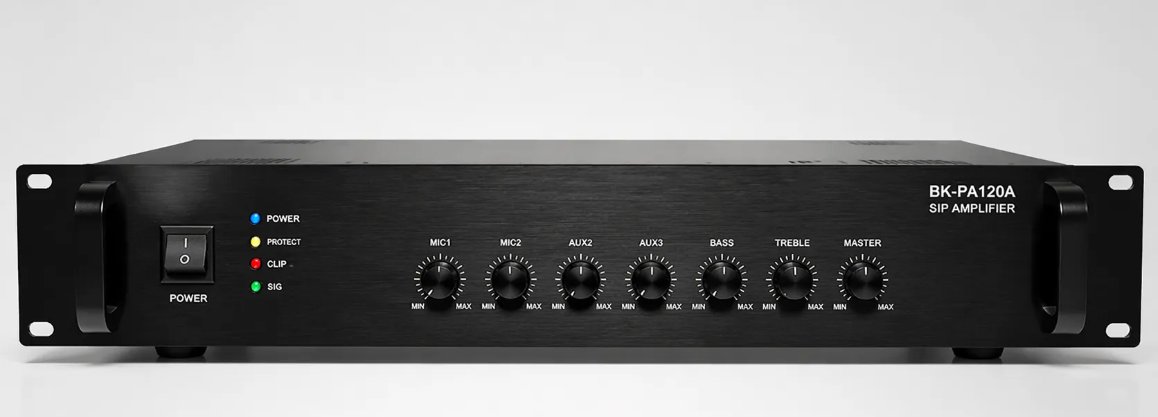 الواجهة الأمامية لمضخم SIP BK-PA120A في تركيب قابل للتركيب على الرف قياسي 19 بوصة بقياس 2U
