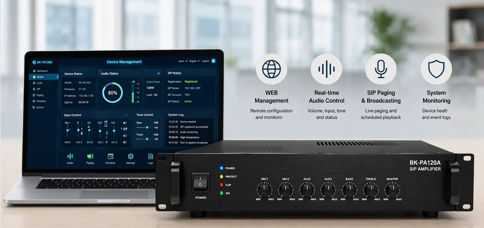 مضخم SIP BK-PA120A مع واجهة إدارة الويب لتكوين ومراقبة الصوت الشبكي