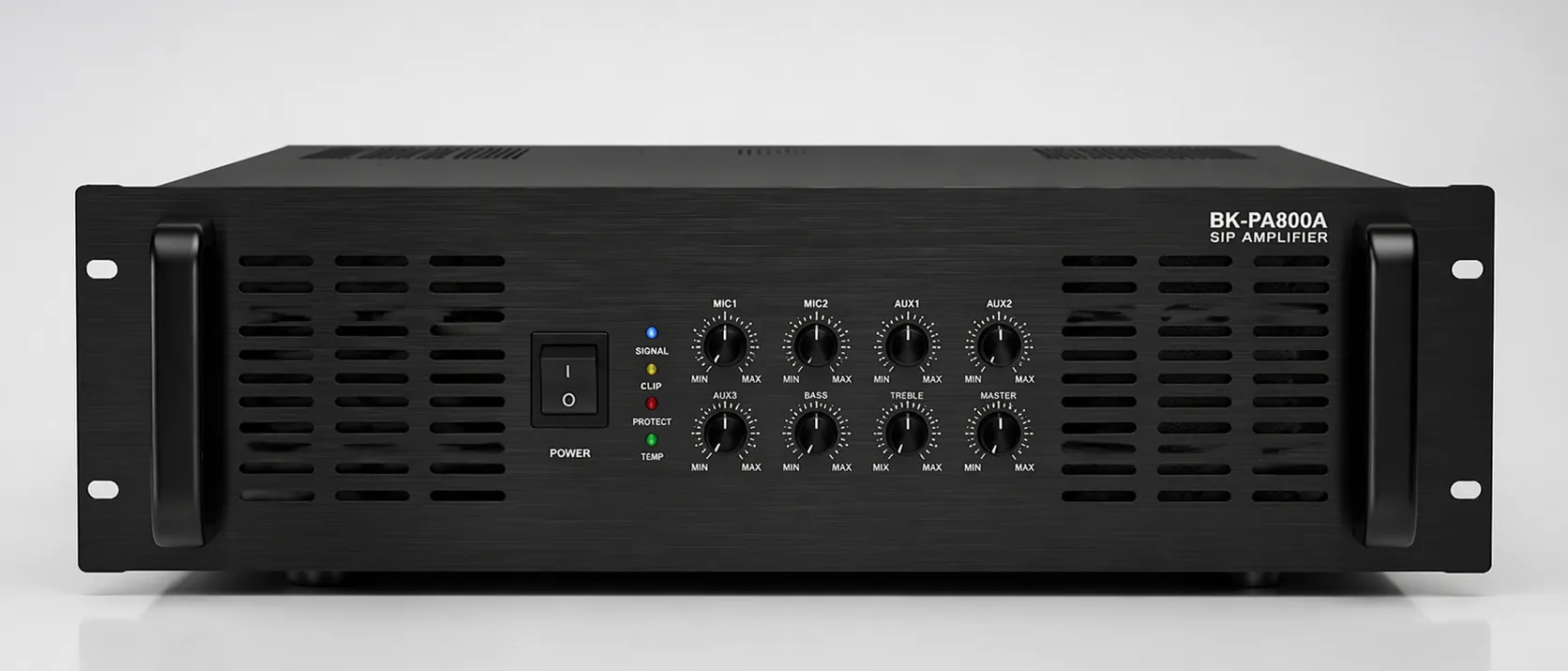 الواجهة الأمامية لمضخم SIP BK-PA800A في تركيب مثبت على الرف عالي الطاقة