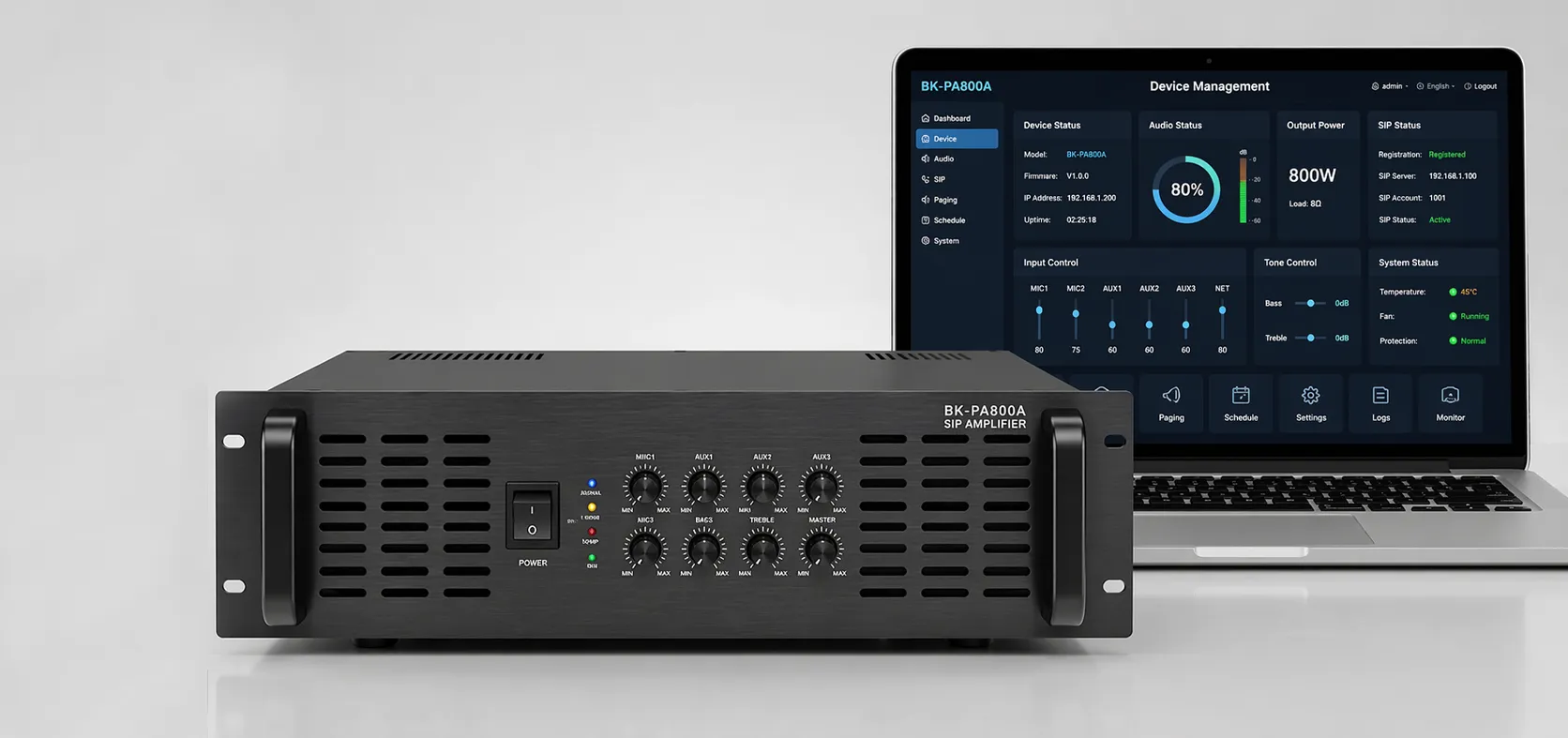 مضخم SIP BK-PA800A مع واجهة الويب لمراقبة وتكوين الصوت الشبكي