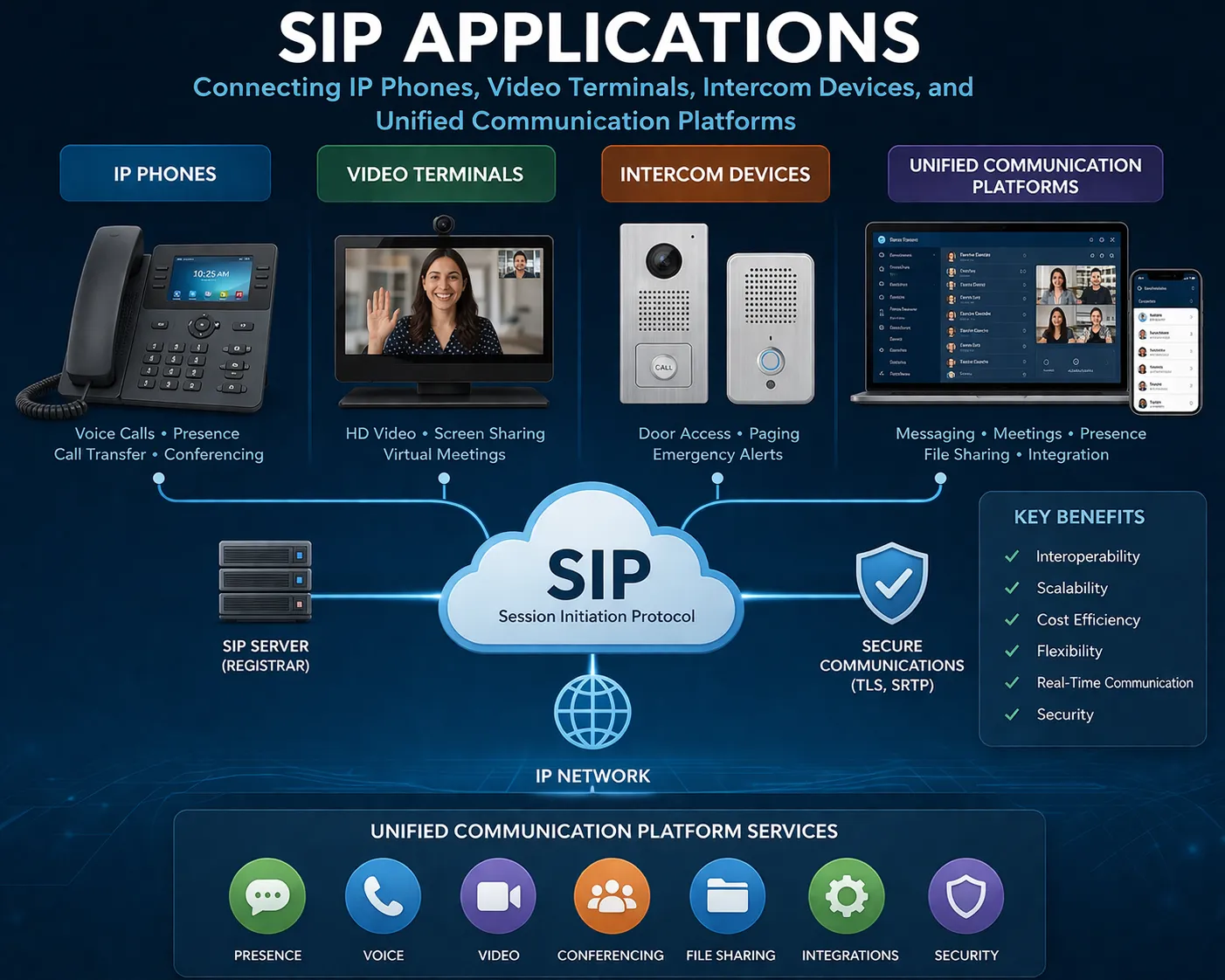 تطبيقات SIP عبر هواتف IP وأطراف الفيديو وأجهزة الاتصال الداخلي ومنصات الاتصالات الموحدة